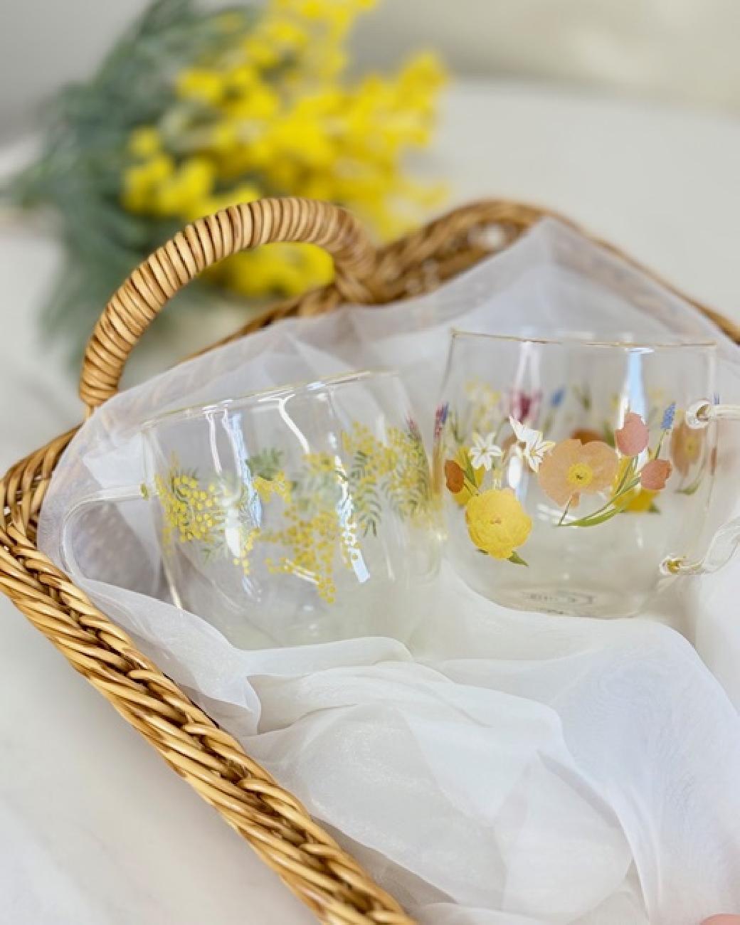 耐熱ガラス／マグ／透明感／花柄／ミモザ／チューリップ／花言葉／感謝／労わり／贈り物／送別ギフト／おすすめ／津山／岡山／雑貨屋