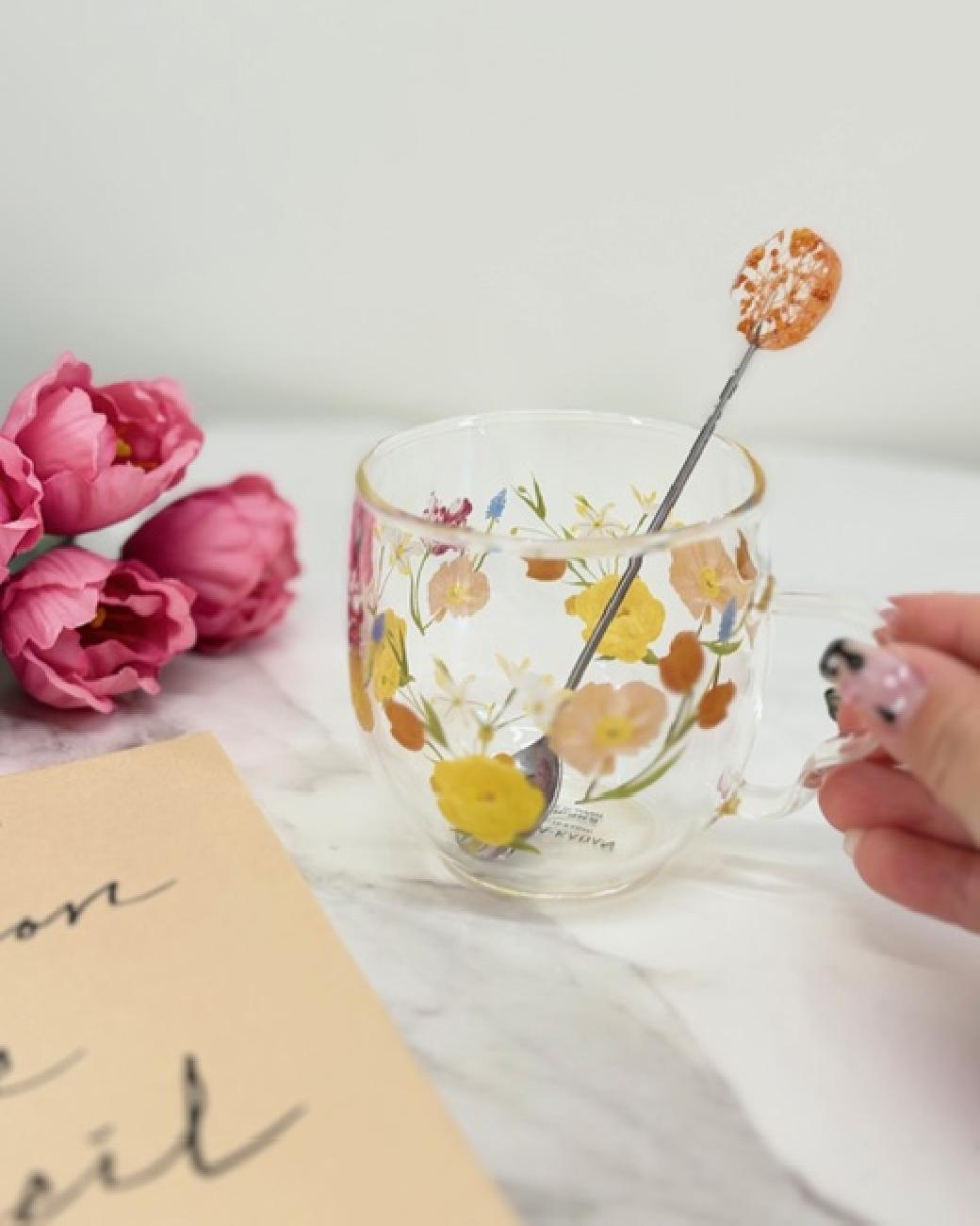 耐熱ガラス／マグ／透明感／花柄／ミモザ／チューリップ／花言葉／感謝／労わり／贈り物／送別ギフト／おすすめ／津山／岡山／雑貨屋