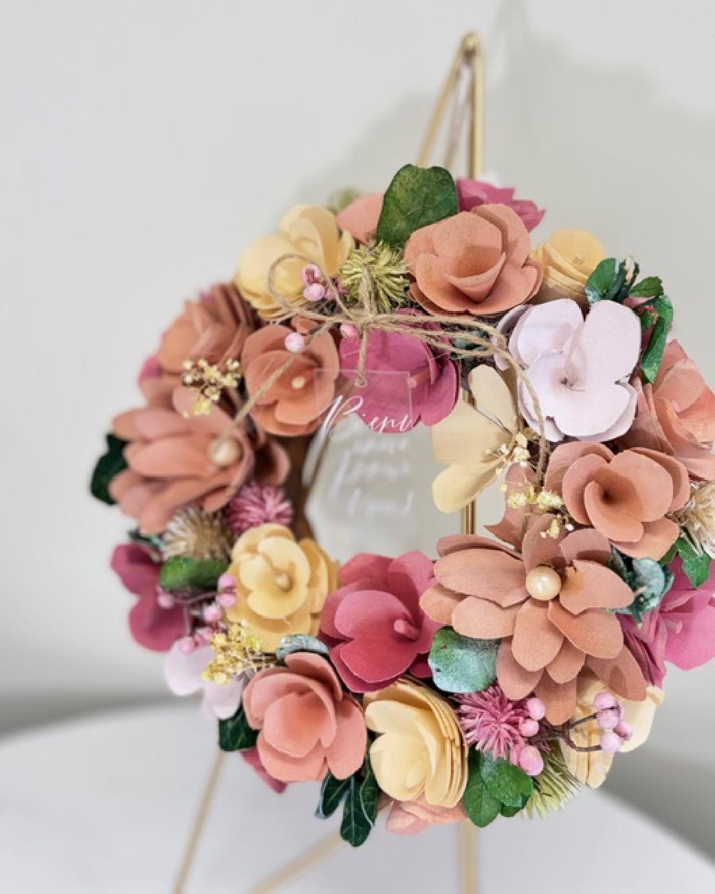 リース／春色／インテリア／飾り／フラワーリース／引っ越し／壁掛け／ナチュラル／大人可愛い／インテリア／玄関／リビング／お祝い／新築／模様替え／上品／春ギフト／贈り物／津山／岡山／雑貨屋