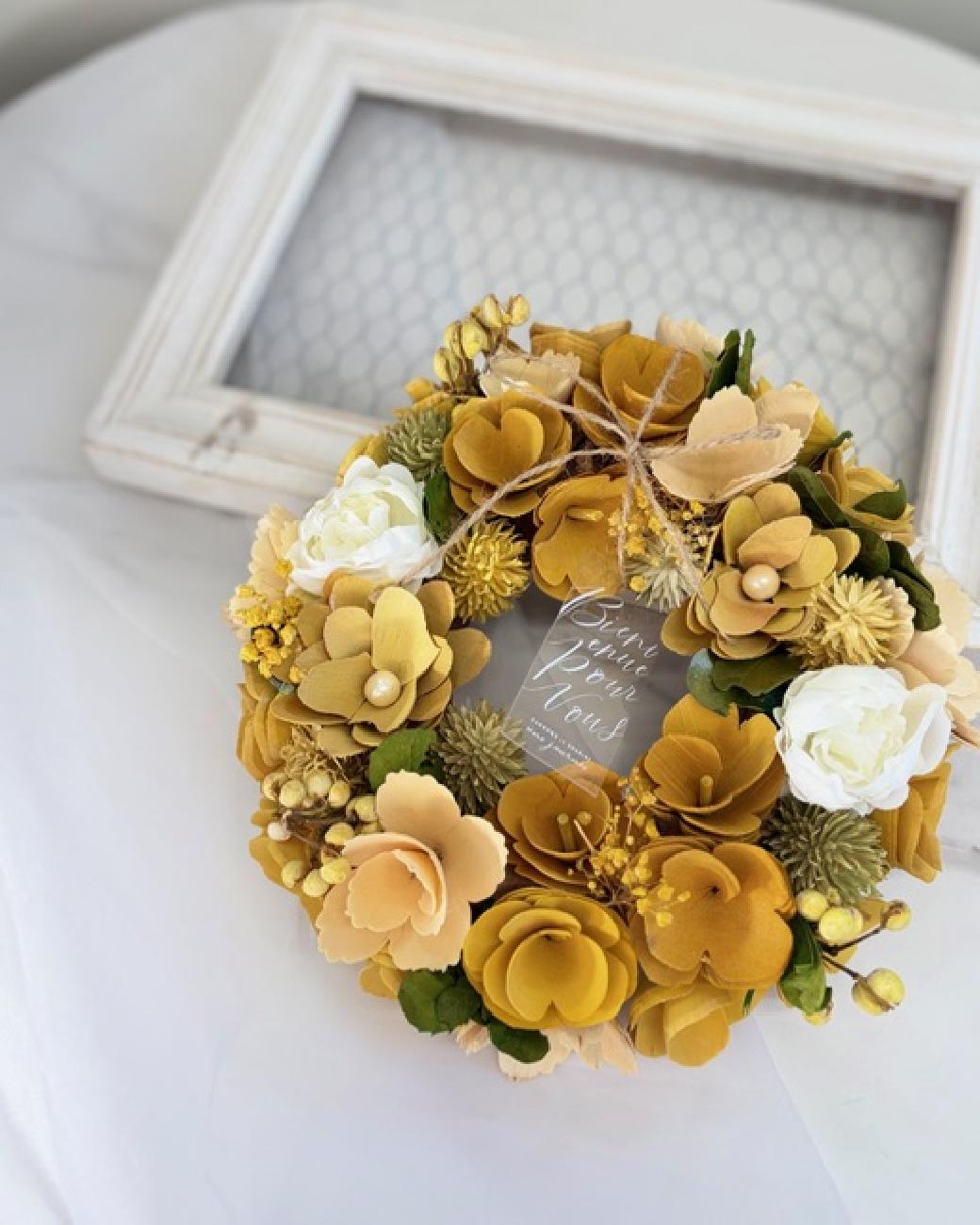 リース／春色／インテリア／飾り／フラワーリース／引っ越し／壁掛け／ナチュラル／大人可愛い／インテリア／玄関／リビング／お祝い／新築／模様替え／上品／春ギフト／贈り物／津山／岡山／雑貨屋